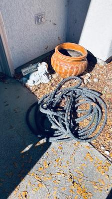 LARGE SHALLOW CLAY PLANTERS, GARDEN HOSE AND CUTE LITTLE FROG