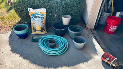 GARDEN HOSE, PLANTERS, AND POTTING SOIL