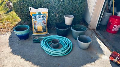 GARDEN HOSE, PLANTERS, AND POTTING SOIL