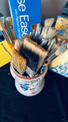 ART EASEL, PAINT BRUSHES GALORE, AND CANVASES FOR REPURPOSING OR HANGING ON YOUR WALL