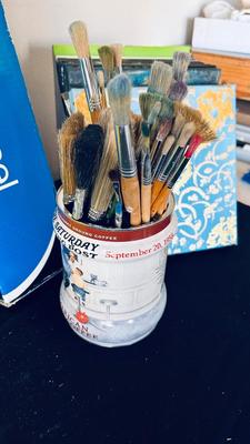 ART EASEL, PAINT BRUSHES GALORE, AND CANVASES FOR REPURPOSING OR HANGING ON YOUR WALL