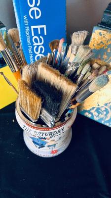 ART EASEL, PAINT BRUSHES GALORE, AND CANVASES FOR REPURPOSING OR HANGING ON YOUR WALL