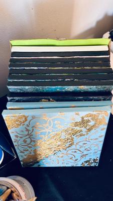 ART EASEL, PAINT BRUSHES GALORE, AND CANVASES FOR REPURPOSING OR HANGING ON YOUR WALL