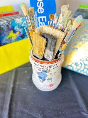 ART EASEL, PAINT BRUSHES GALORE, AND CANVASES FOR REPURPOSING OR HANGING ON YOUR WALL