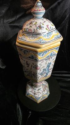 Hand-Painted Portuguese Faience Apothecary Jar for Nora Fenton — Signed “Dina” — Hexagonal Lidded Urn (14”)
