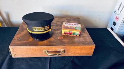 SUPER COOL CONDUCTORS HAT, MINI TRAIN SET IN A TIN AND WOODEN CRATE
