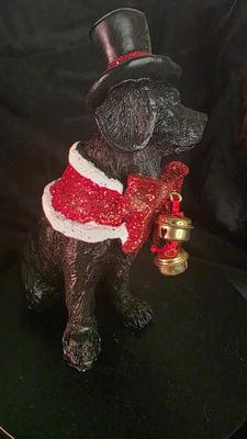 Vintage Black Labrador Christmas Figurine – Resin Holiday Dog Statue with Top Hat, Red Glitter Bow & Bells
