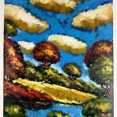 177 Oil On Paper Of Clouds, Trees & Pond Signed By Russian Artist Sergey Cherep