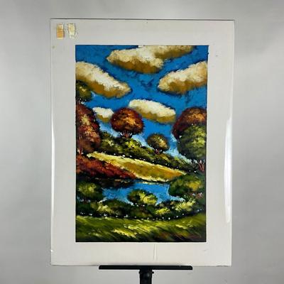 177 Oil On Paper Of Clouds, Trees & Pond Signed By Russian Artist Sergey Cherep