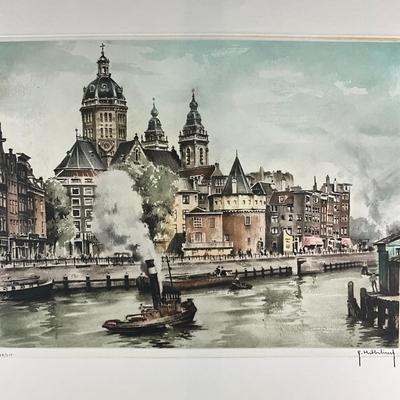 186 Flemish Hand Printed Etching In Color By Roger Hebbelinck "Amsterdam" City Scene #224/350