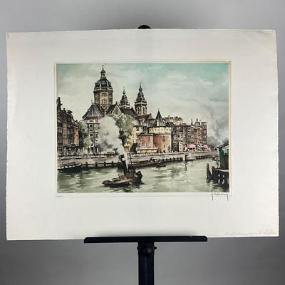186 Flemish Hand Printed Etching In Color By Roger Hebbelinck "Amsterdam" City Scene #224/350