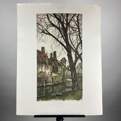 188 Flemish Hand Colored Etching Signed & Numbered #152/350 "Bruges" Trees, Canal & Architecture R. Hebbelinck