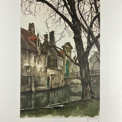 188 Flemish Hand Colored Etching Signed & Numbered #152/350 "Bruges" Trees, Canal & Architecture R. Hebbelinck