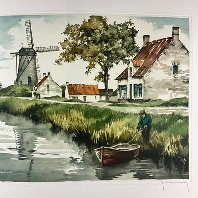 189 Flemish Hand-Printed Etching Signed & Numbered #128/350 Scene With Windmill By R. Hebbelinck