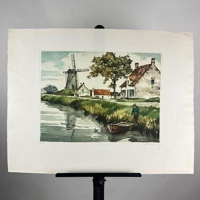 189 Flemish Hand-Printed Etching Signed & Numbered #128/350 Scene With Windmill By R. Hebbelinck