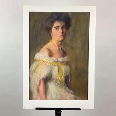 207 American School, Pastel Portrait Lady With Pearls And Ball Gown Off Shoulder Circa 20th Century