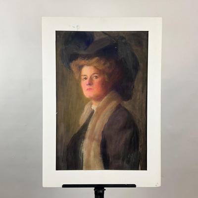 209 American School, Pastel Portrait Of Lady With Coat And Scarf With Hat 20th Century