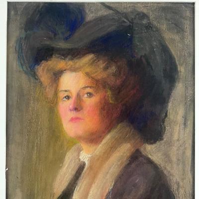 209 American School, Pastel Portrait Of Lady With Coat And Scarf With Hat 20th Century