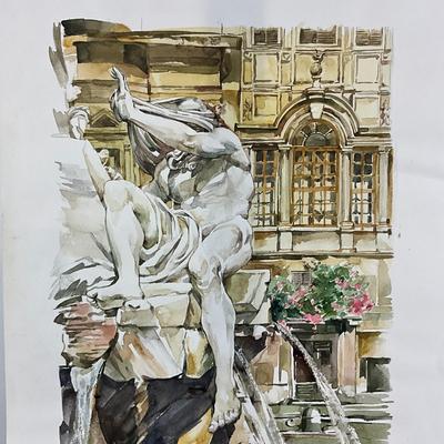 231 Original Watercolor of Fountain in Piazza Navona Rome