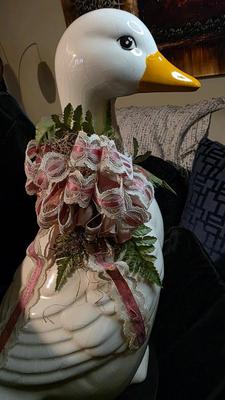 Large Ceramic Goose Sculpture – 18″ Tall White Crackle-Glaze Waterfowl with Ribbon Décor