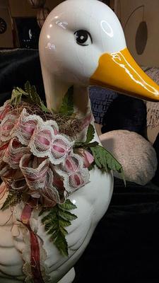 Large Ceramic Goose Sculpture – 18″ Tall White Crackle-Glaze Waterfowl with Ribbon Décor