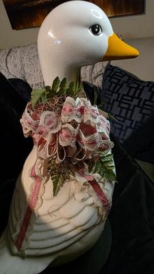 Large Ceramic Goose Sculpture – 18″ Tall White Crackle-Glaze Waterfowl with Ribbon Décor