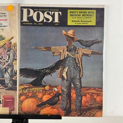 242 Saturday Evening Post Cover October 26th, 1946 Scarecrow & Pumpkins & August 20th, 1949 Gas Station Attendant Filling...