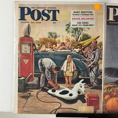 242 Saturday Evening Post Cover October 26th, 1946 Scarecrow & Pumpkins & August 20th, 1949 Gas Station Attendant Filling...