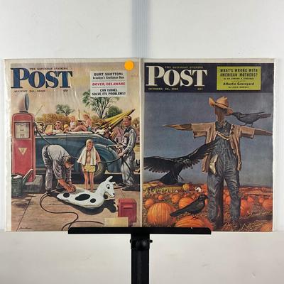 242 Saturday Evening Post Cover October 26th, 1946 Scarecrow & Pumpkins & August 20th, 1949 Gas Station Attendant Filling...