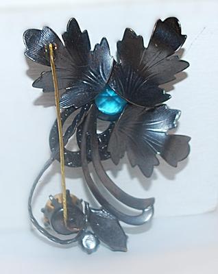Beautiful Vintage-Style Rust & Black BEJEWELED BROOCH (2¾" x 2") with Large Blue and Clear Stone Accents on a Dark Setting