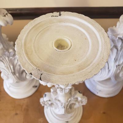 LOT 240B: Set of Distressed White Pillar Candle Holders