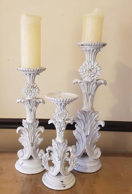 LOT 240B: Set of Distressed White Pillar Candle Holders