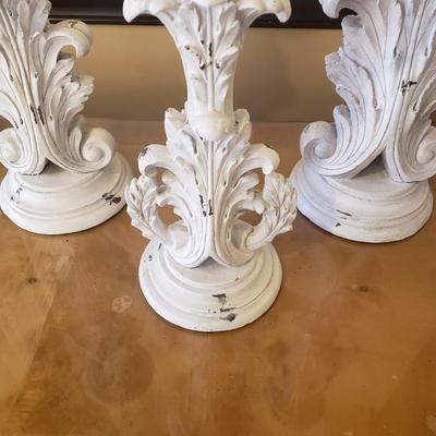 LOT 240B: Set of Distressed White Pillar Candle Holders