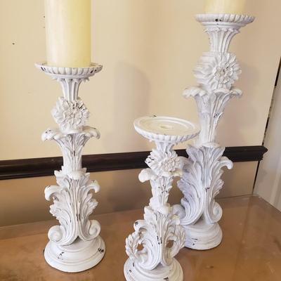 LOT 240B: Set of Distressed White Pillar Candle Holders