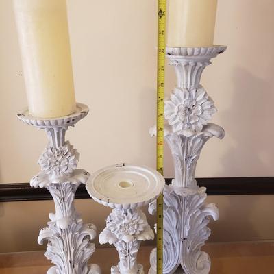 LOT 240B: Set of Distressed White Pillar Candle Holders