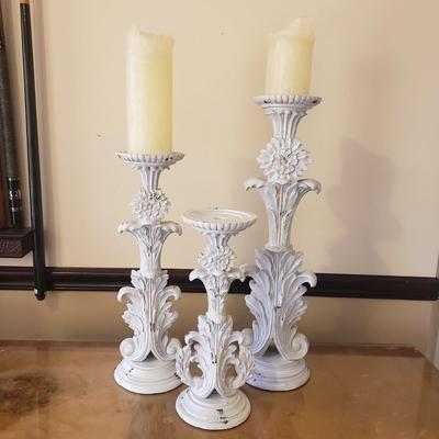 LOT 240B: Set of Distressed White Pillar Candle Holders