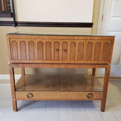 LOT 301B: MCM Sideboard/Console Table with Brass Rings & Glass Top