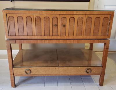 LOT 301B: MCM Sideboard/Console Table with Brass Rings & Glass Top