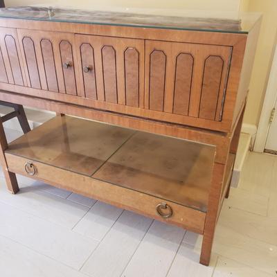 LOT 301B: MCM Sideboard/Console Table with Brass Rings & Glass Top
