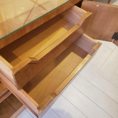 LOT 301B: MCM Sideboard/Console Table with Brass Rings & Glass Top