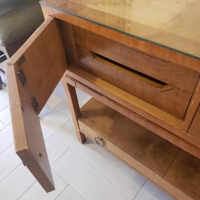 LOT 301B: MCM Sideboard/Console Table with Brass Rings & Glass Top