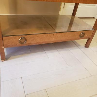 LOT 301B: MCM Sideboard/Console Table with Brass Rings & Glass Top