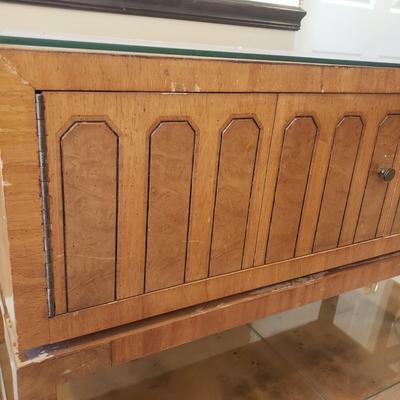 LOT 301B: MCM Sideboard/Console Table with Brass Rings & Glass Top