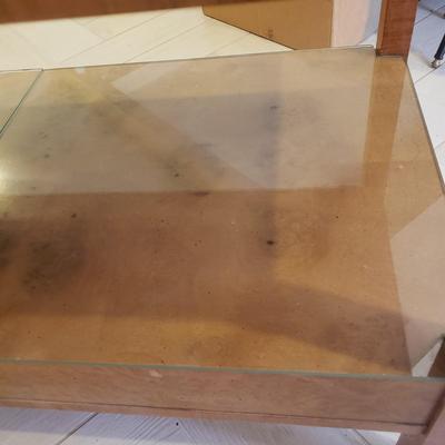 LOT 301B: MCM Sideboard/Console Table with Brass Rings & Glass Top