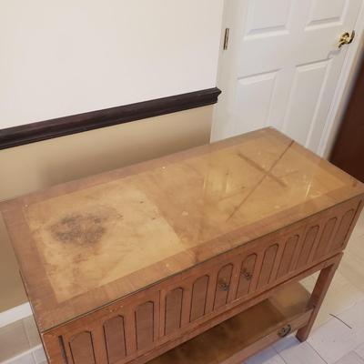 LOT 301B: MCM Sideboard/Console Table with Brass Rings & Glass Top