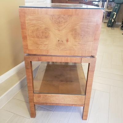 LOT 301B: MCM Sideboard/Console Table with Brass Rings & Glass Top
