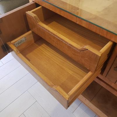 LOT 301B: MCM Sideboard/Console Table with Brass Rings & Glass Top