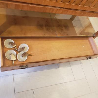 LOT 301B: MCM Sideboard/Console Table with Brass Rings & Glass Top