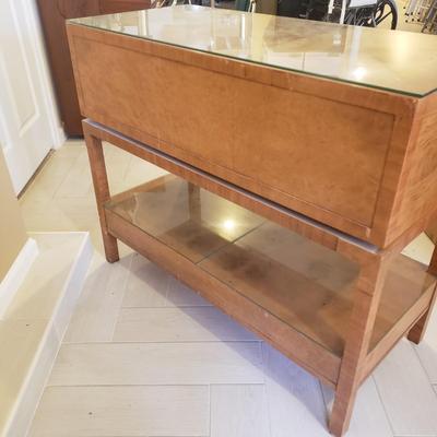 LOT 301B: MCM Sideboard/Console Table with Brass Rings & Glass Top