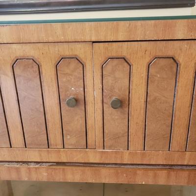 LOT 301B: MCM Sideboard/Console Table with Brass Rings & Glass Top